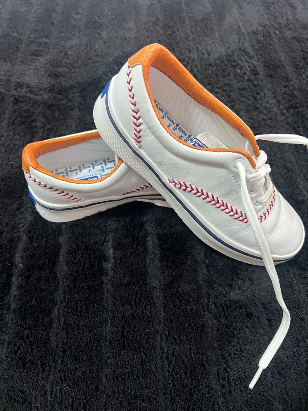 Keds Kids White Sneakers with Orange Collar and Red Stitching